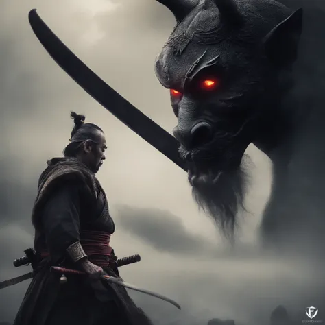 （The Samurai），（Wearing a Demon Mask），solamente，cuerpo completo como，（Armado con un cuchillo largo y afilado），Epic illustrations，（（Estilo de pintura sobre tabla de Kioto）），Efecto viento：1.9，Efectos de nube：1.2，Renderizado completo，Encaustic paint