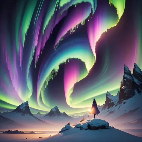 tmasterpiece, 4K, Hyper-Resolution, Optimal image resolution, Amazing illustrations depicting the Northern Lights of the human body, Express your thoughts, Emotions and dreams in surreal and magical landscapes. Use bright colors and meaningful symbols to r...