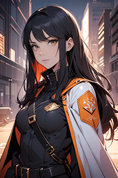 long black-haired white 17-year-old girl wear military suit, orange cape, big hazel eyes, sci-fi, dark mood, charturnerv2