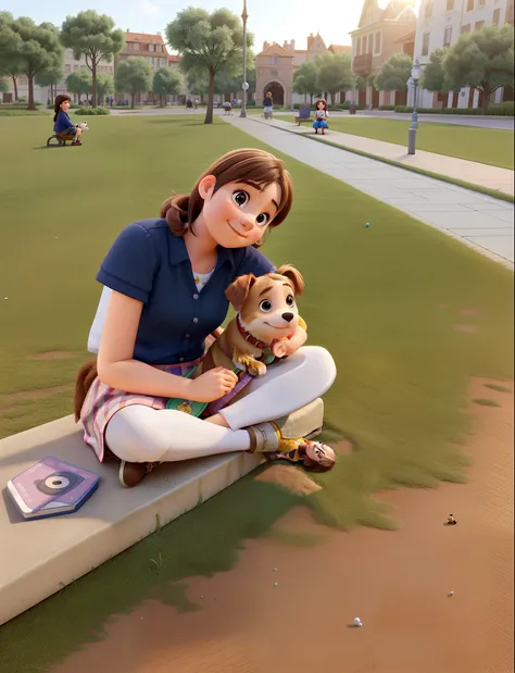 A young girl sitting in a beautiful square with her loving dog, The day is beautiful and they are happy, estilo pixar