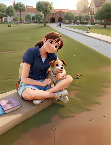 A young girl sitting in a beautiful square with her loving dog, The day is beautiful and they are happy, estilo pixar