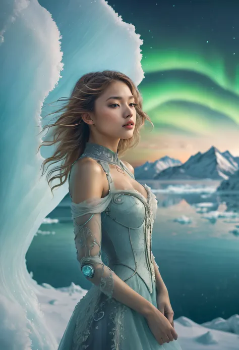 (((Masterpiece))),(((Best quality))),((Ultra-detailed)),((illustration)),extreme light，1girll，Stand under the iceberg，Admire the beautiful Northern Lights，[Hazy snow-capped mountain landscape in the distance：Translucent ethereal mechanical girl，snow mounta...