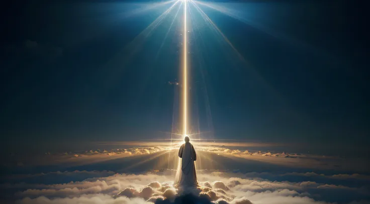 A respectful representation of God, enveloped in an ineffable and powerful light. The image should convey a sense of omnipotence and divine love, with heavenly clouds and rays of light permeating the scene.