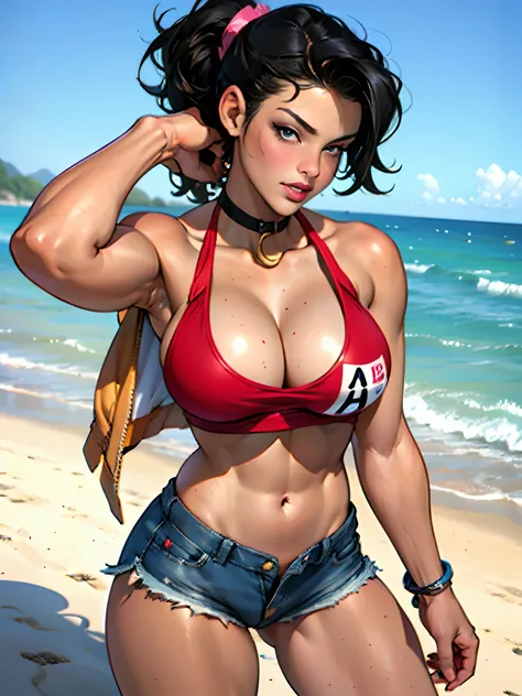 (high quality, best rendering), (beautiful girl), black hair(bombshell, pin-up style), psychopath, crazy face, sexy pose, jean short shorts, tank top, pastel, centered, scale to fit dimensions, micro thong, micro bikini, camel toe