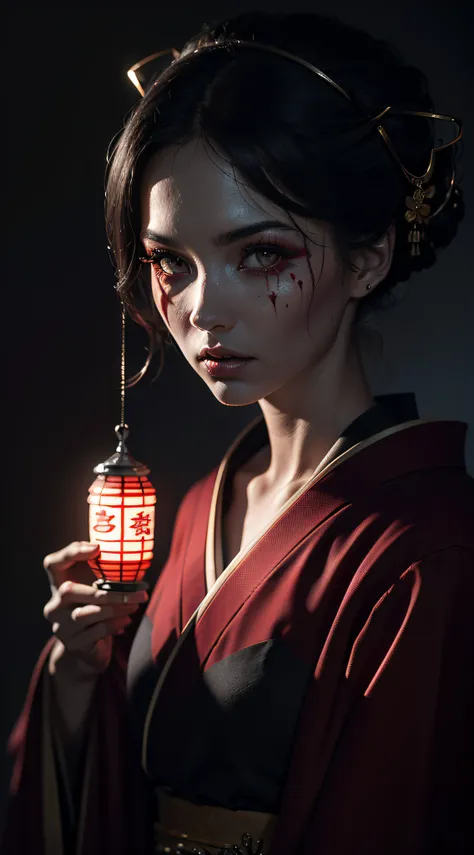 "(The best lighting, oscuro, dramatic),(geisha escupiendo espaguetis con tinta roja calavera alien, Cicatrices,  sexy, cerebro, sangre, una rata dentro de la cabeza, terror.),(ojos rojos, calaveras). morning light.