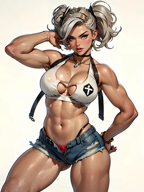 (high quality, best rendering), (beautiful girl), gray hair(bombshell, pin-up style), psychopath, crazy face, sexy pose, jean short shorts, tank top, pastel, centered, scale to fit dimensions, micro thong, micro bikini, camel toe