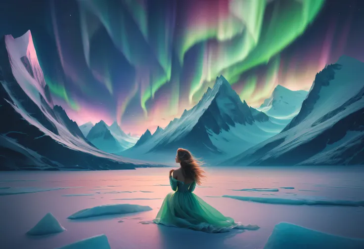 (((Masterpiece))),(((Best quality))),((Ultra-detailed)),((illustration)),extreme light，1girll，Stand under the iceberg，Admire the beautiful Northern Lights，[Hazy snow-capped mountain landscape in the distance：Translucent ethereal mechanical girl，snow mounta...