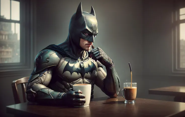 1batman drinking coffee in modern cafe, realistic face, realistic eyes, (dark shot:1.22), neutral colors, (hdr:1.4), (muted colors:1.4), (intricate),  hyperdetailed, dramatic, intricate details, (technicolor:0.9), (rutkowski:0.8), cinematic, detailed, (int...