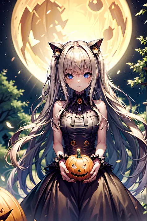 dark forest, 
the night, 
Halloween, 
Pumpkin, 
Vampire Girl, 
Gothic dress, 
Red Moon