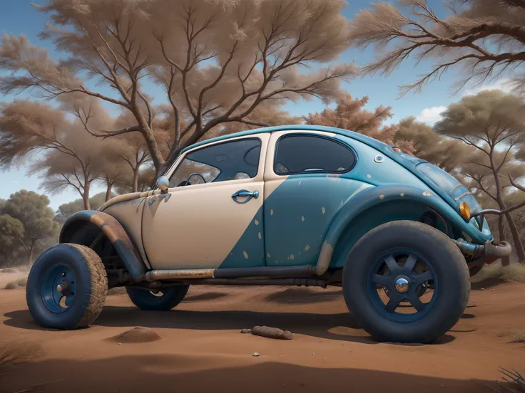 Obra-prima, de melhor qualidade, beetle branco e azul, rodas grandes, estilo mad Max, coberto de barro, filme cars Disney pixar