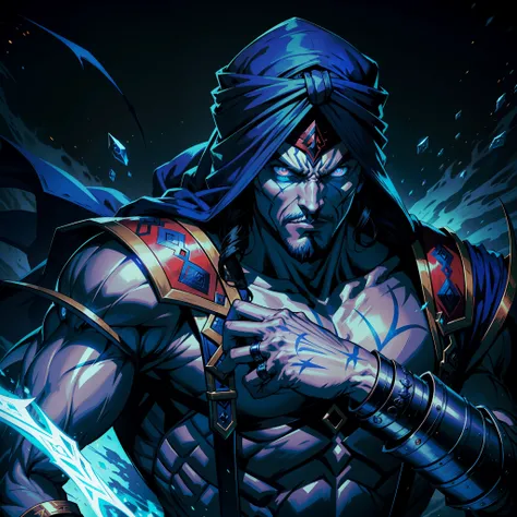 Castlevania Hyper Realistic Shadow Lord Super Detailed Dynamic Shooter Lord Raoh Centerpiece Medieval Arab Warrior with Blue Turban Scary Face Hokuto No Ken Raoh Face Structure