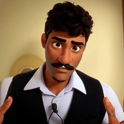 A brown man, slightly frizzy hair, mustache, pixar style, high quality, best quality