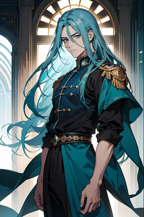 long blue hair, teal eyes, man, anime, Emperor, no emotions, man, muscular man, looking at us, standing away from us,