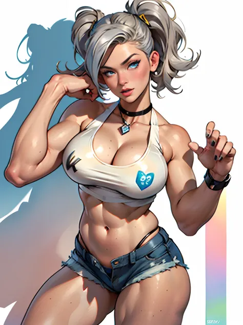 (high quality, best rendering), (beautiful girl), blue eyes, gray hair(bombshell, pin-up style), psychopath, crazy face, sexy pose, jean short shorts, tank top, pastel, centered, scale to fit dimensions, micro thong, micro bikini, camel toe