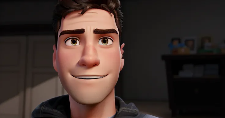 Crie uma imagem no estilo "Disney Pixar". The main character is a handsome young 24-year-old male, rosto para frente, de pele branca, olhos castanhos, cabelos castanhos, Possesses a shy smile, olhando para a direita, Shaved hair on the sides and medium hai...