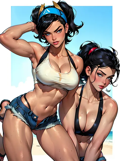 (high quality, best rendering), (beautiful girl), Blue Eyes, black hair(bombshell, pin-up style), psychopath, crazy face, sexy pose, jean short shorts, tank top, pastel, centered, scale to fit dimensions, micro thong, micro bikini, camel toe