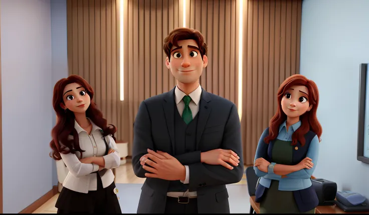 duas mulheres de 38 anos e um homem de 48 anos vestidos de executivo. Imagem em Disney pixar em boa qualidade