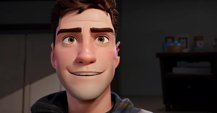 Crie uma imagem no estilo "Disney Pixar". The main character is a handsome young 24-year-old male, rosto para frente, de pele branca, olhos castanhos, cabelos castanhos, Possesses a shy smile, olhando para a direita, Shaved hair on the sides and medium hai...