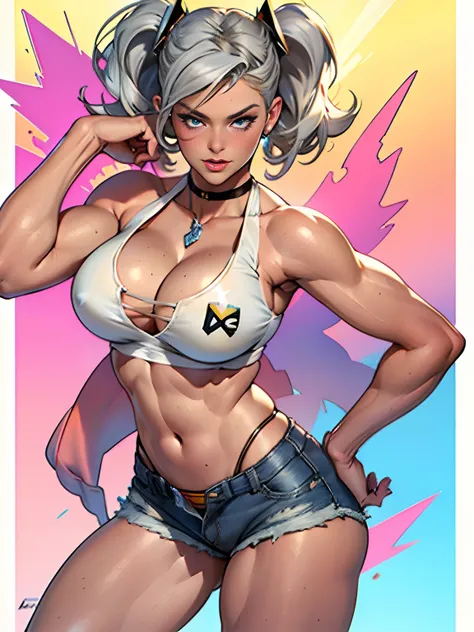 (high quality, best rendering), (beautiful girl), blue eyes, gray hair(bombshell, pin-up style), psychopath, crazy face, sexy pose, jean short shorts, tank top, pastel, centered, scale to fit dimensions, micro thong, micro bikini, camel toe