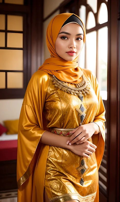 Portrait photography of a beautiful young malay girl in hijab Wearing Moroccan Islamic Kaftan Outfit Half Orange Half Yellow , big breast, catwalk, morningtime,surrounded by a comfortable, cool atmosphere, looking at the viewer. (Skin details:1.3), hairy h...