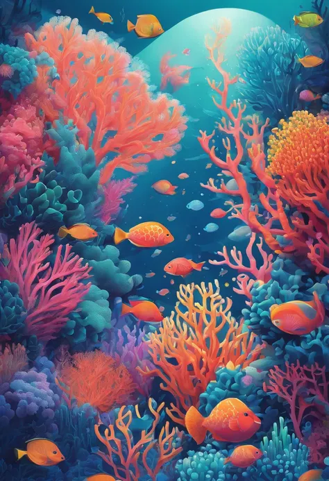 Colorful coral reefs，（（Underwater Kingdom）），Glowing underwater plants，Yayoi Kusama，Dreamy，Dreamlike scenery，Various seabed creatures，Rich in color，Colorful colorful，