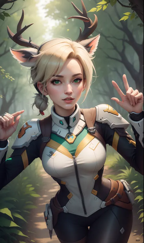 mercy from overwatch with deer ears in a green forest with deers and petting them