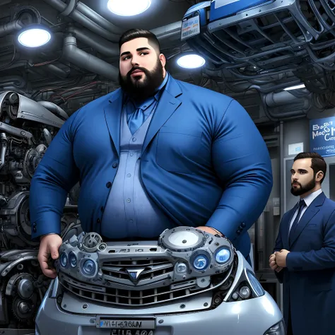 Fat salesman with beard of car parts with a blue shirt written avant-garde, and another mechanical man in a blue coat