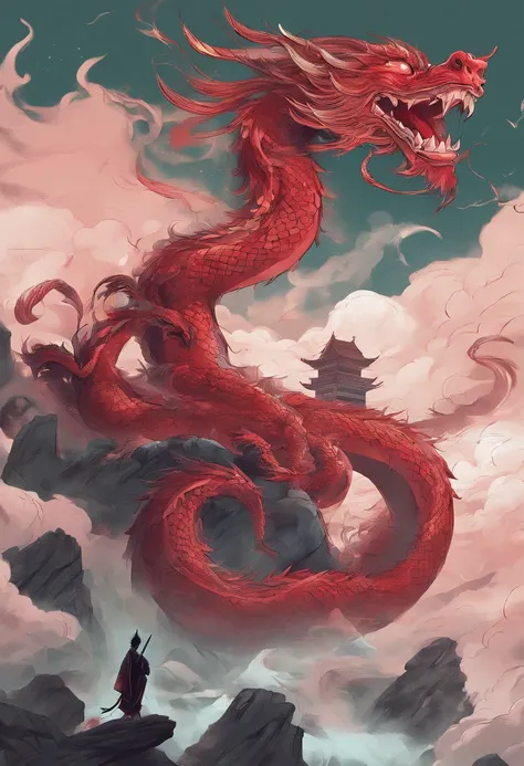 China-style，Chinese mythology，Chinese Green Dragon，tosen，Ferocious，gargantuan，The eyes glow red，Glow effects，surrounded by cloud，Thick clouds，buliding，中景 the scene is，Full body like， highly detailed surreal vfx，oc rendered，