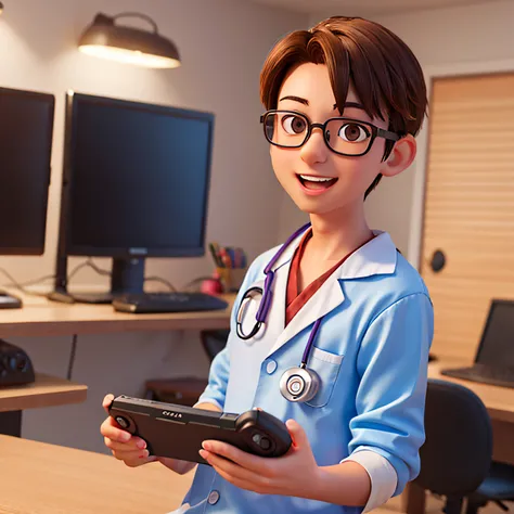 man doctor playing videogames, brown eyes, glasses, happy