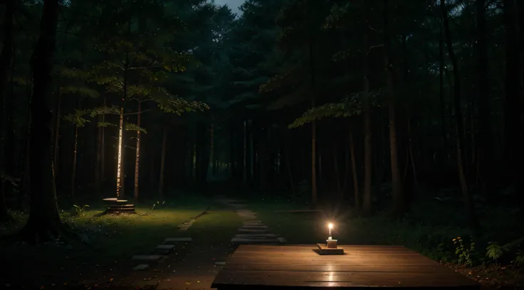 Standing in a dense forest in Korea. There is a trail in the forest, and there is a meditation stand at the end of the path (middle of the photo). There is a lit candle on the table. The moon hangs over the trees and a thick fog blooms throughout the space...