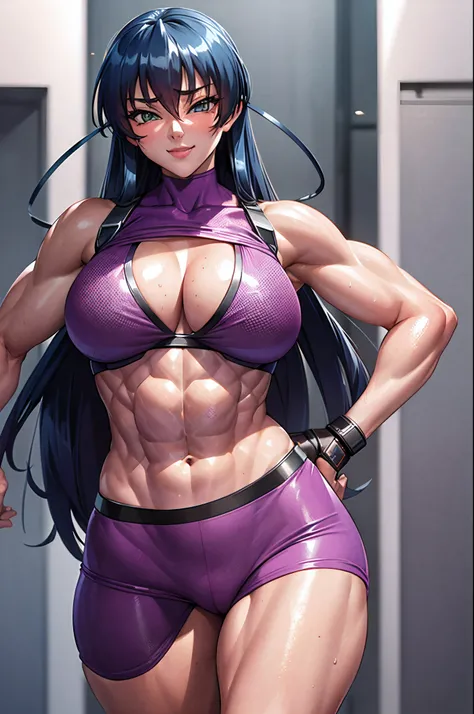 masterpiece, best quality, asagi, 1girl, breasts, solo, sweat, purple bodysuit, large breasts, cleavage, smile, (abs:1.6), toned, looking at viewer, hand on hip, blush, huge breasts, blue hair, long hair, bangs, hair between eyes, green eyes, night, (muscu...