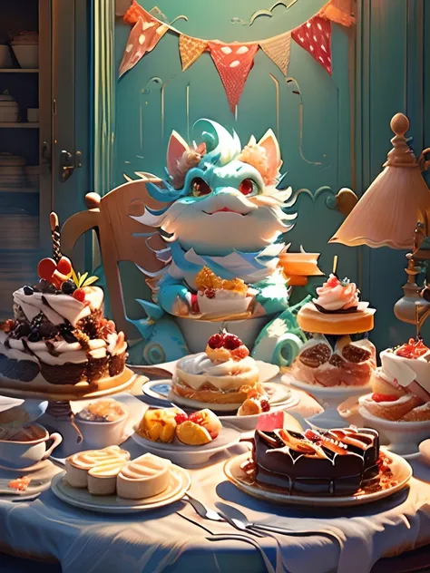 cute dragon on a chair, eat cake on the table,