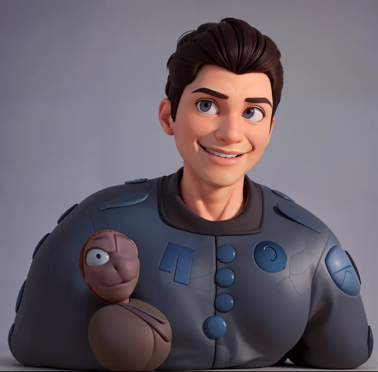 Criar a foto acima ao estilo Disney Pixar, 3D, homem, 30 anos, cabelos pretos, olhos pretos, no hair on the face, penteado para cima, sorrindo, pele branca, Preserving the Characteristics of the Photo Character