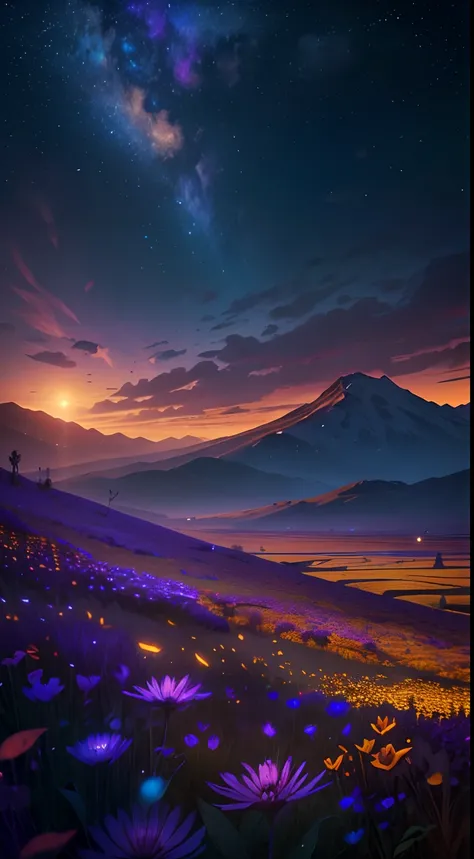 the night，extreme light，mountain ranges，Wide landscape photos, (look from down, The sky is above, The vacant lot is below), (A girl standing on a flower field looking up), (full moon: 1.2), (meteors: 0.9), (Starcloud: 1.3), Distant mountains , green trees,...