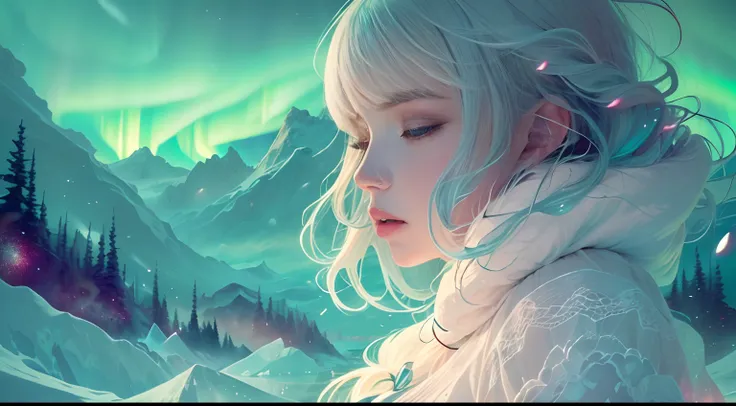 (((Masterpiece))),(((Best quality))),((Ultra-detailed)),((illustration)),extreme light，1girll，Stand under the iceberg，Admire the beautiful Northern Lights，[Hazy snow-capped mountain landscape in the distance：Translucent ethereal mechanical girl，snow mounta...