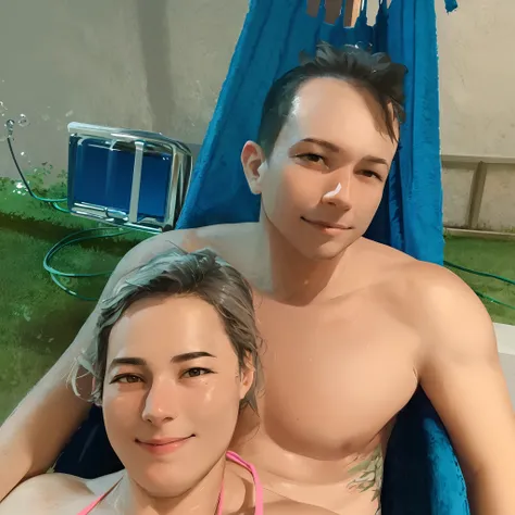 They are in a pool with a hammock and a towel, vacation photo, Foto POV, photo from behind, imagem de perfil, relaxing and smiling at camera, foto Selfie, 3 5 year brazilian mother, bottom angle, relaxing after a hard day, Selfie, Assumido em Go Pro Hero8,...