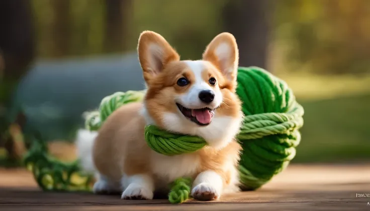 Create a movie poster for "REN ~Happy 6th Birthday~ " , a light-brown-white-colored  corgi dog likes to play with a  green-fluffy-twisted-rope, pig-shaped-round-ball, Disney style, -ar 9:16