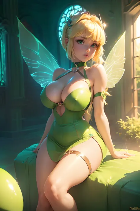 ((Sit on giant wall clock))((Tinkerbell, from disney peter pan animated movie series)) ((beautiful face)) ((blonde oony tail hairstyle with bangs)) ((very huge breasts: 1.3)) (perfect slim body) ((wears strappless short green dress)) ((choker, fairy wings)...