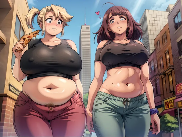 (2girls), one skinny girl, one fat girl, a skinny girl teasing a chubby girl about her belly, asymmetrical bangs, messy hair, freckles, , , embarrassed, low angle, belly poke, , blushing cheeks, ,  , bloated emotions, (covered navel:1.4), (skinny body:1.4)...