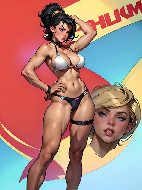 (high quality, best rendering), (beautiful girl), Blue Eyes,black hair, (bombshell, pin-up style), psychopath, crazy face, sexy pose, 2 piece outfit, pastel, centered, scale to fit dimensions, micro thong, micro bikini, camel toe