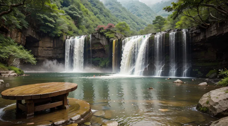 Magnificent valleys and waterfalls in the lush mountains of Korea, a meditation table next to the waterfall, thick fog