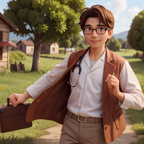 man doctor in rural area background, brown eyes, glasses, happy