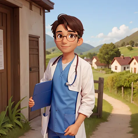 man doctor in rural area background, brown eyes, glasses, happy