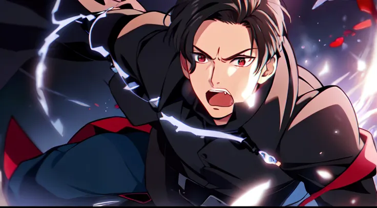 masterpiece, (1Boy), luci, red eyes, black hair, screaming, angry, black aura