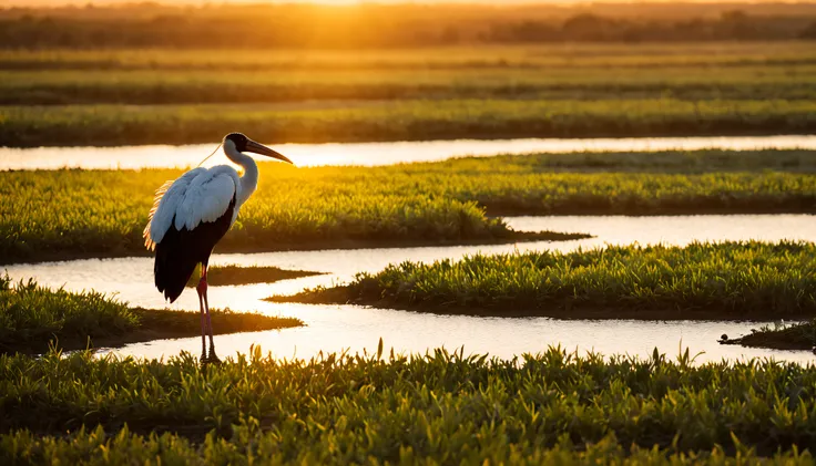 Foto de vida selvagem premiada da National Geographic, aerial photograph of Tuiuiú (Micteria de Jabiru): The tuiuiú is a large stork and is the symbol bird of the Pantanal | Forest a sunset day | whole body view | altamente detalhado | high resolution | ol...