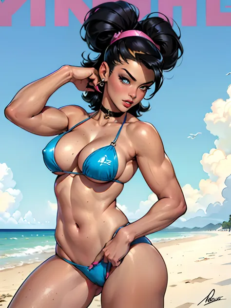 (high quality, best rendering), (beautiful girl), Blue Eyes,black hair, (bombshell, pin-up style), psychopath, crazy face, sexy pose, 2 piece outfit, pastel, centered, scale to fit dimensions, micro thong, micro bikini, camel toe