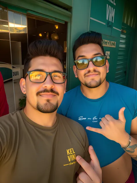 Its two Disney Pixar-style men posing for a photo in front of a Disney Pixar-style building, por Kanbun Master, Directed by: Nandor Soldier, vibe comercial profissional, dois homens bonitos estilo disney pixar, Tiro na Nikon Z9, Paulo Pepera Pablo Roldan, ...