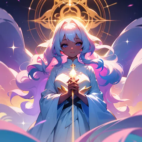 girl,white hair, curly  hair, anime style, digital art, happy, dark skin female, pastel colors, soft lighting Celestial Goddess with pastel Aura: Envision a celestial deity with resplendent, white locks cascading in gentle waves, bearing an anime-inspired ...