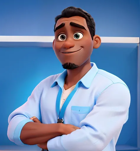 Estilo disney Pixar, black skin, camisa azul, alta qualidade, melhor qualidade, blue shirt