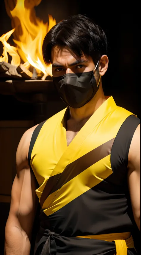 Grown-up guy, short black hair, high ponytail, Brown eyes, mask, Yellow shinobi kimono, Sleeveless, Scorpion, fire, katana, Masterpiece, hiquality, 4k, HD, Good detail